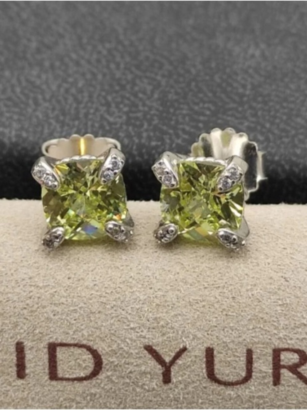 David Yurman Peridot Green Square Stud Earrings in Silver-tone Setting